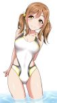  1girl alternate_hairstyle arm_behind_back bangs blush breasts brown_eyes brown_hair cleavage competition_swimsuit covered_navel hair_between_eyes hair_bobbles hair_ornament head_tilt kunikida_hanamaru looking_at_viewer love_live! love_live!_sunshine!! medium_breasts one-piece_swimsuit side_cutout smile solo swimsuit twintails wading water white_background yopparai_oni 