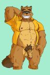  2020 anthro balls belly brown_body brown_fur canid canine clothed clothing eyes_closed eyewear flaccid fur genitals glasses hi_res humanoid_hands kemono kounfuyu kounosuke_(morenatsu) male mammal morenatsu musclegut open_clothing open_shirt open_topwear overweight overweight_anthro overweight_male penis pubes raccoon_dog shirt solo tanuki topwear video_games visual_novel 