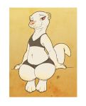  2020 albino anthro border clothed clothing digitigrade female fur hi_res looking_at_viewer louart lutrine mammal midriff mustelid red_eyes signature simple_background sitting smile solo whiskers white_body white_border white_fur yellow_background 