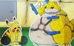  ambiguous_gender belly black_eyes blueblu bodily_fluids chubby_cheeks duo eye_contact fatigued flexing inside looking_at_another mammal murid murine nintendo obese overweight pikachu pok&eacute;mon pok&eacute;mon_(species) pupils rat rodent sandshrew size_difference slightly_chubby superchub sweat tired training video_games white_pupils yellow_body 