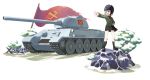  1girl artist_request blonde_hair blue_eyes caterpillar_tracks emblem flag flat_chest girls_und_panzer ground_vehicle hat highres katyusha_(girls_und_panzer) military military_uniform military_vehicle motor_vehicle pravda_(emblem) pravda_military_uniform rock skirt smile snow standing_on_object t-34 t-34-85 tank tank_helmet tree uniform white_background 