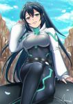  1girl amasaki_yusuke aqua_eyes black_hair blush bodysuit breasts chromatic_aberration gundam gundam_build_divers gundam_build_divers_re:rise hair_between_eyes hand_in_hair highres long_hair looking_at_viewer looking_down may_(gundam_build_divers_re:rise) medium_breasts parted_lips shrug_(clothing) signature sitting smile solo very_long_hair 