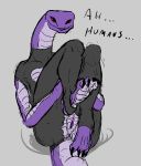  anthro anus clothing dialogue feet female genitals purple_body pussy red_eyes reptile rubber rubber_suit scalie snake solo text torn_clothing yamagah 