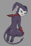  ambiguous_gender anthro butt clothing digimon digimon_(species) gloves green_eyes handwear impmon looking_at_viewer purple_body sitting solo yamagah 