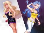  1girl bare_arms blonde_hair blue_eyes blue_hair breasts capri_pants cleavage collarbone commentary_request eyelashes gyaru highres holding holding_poke_ball ivory_(25680nico) karen_(pokemon) long_hair looking_to_the_side navel one_eye_closed pants poke_ball poke_ball_(basic) pokemon pokemon_(game) pokemon_hgss purple_eyes shiny shiny_hair smile tan teeth white_pants 