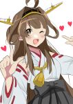  1girl absurdres ahoge brown_eyes brown_hair commentary_request detached_sleeves double_bun hairband headgear highres index_finger_raised japanese_clothes kantai_collection kongou_(kantai_collection) long_hair one_eye_closed ribbon-trimmed_sleeves ribbon_trim smile solo toriniku_senshi_chikinman 