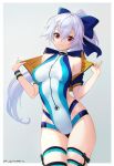  1girl absurdres bangs blue_bow blue_jacket blue_swimsuit blush bow breasts fate/grand_order fate_(series) hair_between_eyes hair_bow highleg highleg_swimsuit highres jacket large_breasts long_hair looking_at_viewer off_shoulder one-piece_swimsuit pjman ponytail red_eyes short_sleeves silver_hair smile swimsuit thighs tomoe_gozen_(fate/grand_order) tomoe_gozen_(swimsuit_saber)_(fate) two-tone_swimsuit white_swimsuit 