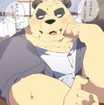  0119_muu 2020 anthro black_body black_fur blush clothing fur giant_panda hi_res humanoid_hands inside japanese_text kemono male mammal shirt solo text topwear ursid white_body white_fur 