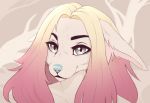  anthro blonde_hair canid canine catherinemeow female fur grey_eyes hair mammal multicolored_hair pink_hair simple_background smile solo two_tone_hair white_body white_fur 