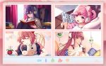  4girls animal_ears bare_legs barefoot black_legwear blush book book_stack bow brown_hair chair character_name closed_eyes closed_mouth commentary curtains day doki_doki_literature_club drink drinking_straw earbuds earphones english_commentary eyebrows_visible_through_hair fake_animal_ears fang flower frilled_skirt frills green_eyes grin hair_between_eyes hair_bow hair_ornament hairclip headphones holding holding_book holding_drink indoors knees_on_chest long_hair looking_at_viewer manga_(object) miniskirt monika_(doki_doki_literature_club) multiple_girls natsuki_(doki_doki_literature_club) off-shoulder_sweater off_shoulder open_mouth panels pantyhose pillow pink_hair pink_shirt pink_skirt plant ponytail potted_plant purple_eyes purple_hair reading ribbed_sweater rug satchely sayori_(doki_doki_literature_club) screen scrunchie shirt short_hair short_twintails sidelocks sitting skirt smile socks_removed straight_hair stuffed_animal stuffed_cow stuffed_toy sunlight sweater t-shirt turtleneck turtleneck_sweater twintails video_call white_shirt window wireless_earphones wooden_floor yuri_(doki_doki_literature_club) 