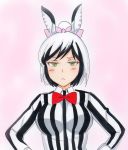  1girl :c animal_ears animal_print black_hair blush bow bowtie breasts closed_mouth commentary_request green_eyes hair_bow highres large_breasts looking_at_viewer marker_(medium) mashima_chloe millipen_(medium) multicolored_hair murenase!_shiiton_gakuen parody potekite red_neckwear shirt short_hair solo striped striped_shirt traditional_media two-tone_hair upper_body vertical-striped_shirt vertical_stripes white_hair zebra_ears zebra_print 