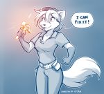  2020 anthro breasts canid canine canis chest_tuft cleavage clothed clothing clovis_(twokinds) conditional_dnp coveralls crossgender crossover crystal dialogue disney english_text female fix-it_felix fox fur gloves_(marking) gradient_background hammer hat headgear headwear hi_res holding_object humor hybrid keidran mammal markings monochrome mtf_crossgender pose simple_background sketch smile solo speech_bubble text tom_fischbach tools tuft twokinds webcomic wolf wreck-it_ralph 