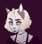  anthro blonde_hair catherinemeow clenched_teeth clothed clothing domestic_cat felid feline felis female fur hair hi_res mammal open_mouth open_smile simple_background smile solo teeth white_body white_fur 