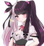  &gt;:) 1girl ahoge bangs black_bow black_hair black_ribbon bow breasts cleavage closed_mouth dress eyebrows_visible_through_hair hair_bobbles hair_bow hair_ornament hair_ribbon keichan_(user_afpk7473) long_hair multicolored_hair nijisanji puffy_short_sleeves puffy_sleeves red_bow red_hair ribbon short_sleeves silver_hair simple_background small_breasts smile solo sparkle streaked_hair twintails two-tone_hair v-shaped_eyebrows virtual_youtuber white_background white_dress yorumi_rena 