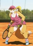  2015 anthro athletic athletic_anthro athletic_female ball blonde_hair bodily_fluids breasts canid canine cleavage clothed clothing clothing_lift dress dress_lift female footwear fox fur hair hat headgear headwear hi_res holding_ball holding_object holding_racket long_hair mammal michelle_(xxsparcoxx) multicolored_body multicolored_fur navel open_mouth orange_body orange_fur panties shoes sneakers solo sport sweat tennis tennis_ball tennis_court tennis_racket two_tone_body two_tone_fur underwear white_body white_fur wristband xxsparcoxx 