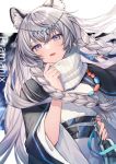  1girl animal_ear_fluff animal_ears arknights braid cat_ears cat_tail character_name circlet commentary_request dutch_angle grey_hair koyukomu long_braid pramanix_(arknights) purple_eyes scarf smile snow_leopard solo tail twin_braids 