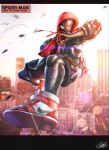  1boy air_jordan air_jordan_1 copyright_name highres hood hood_up hoodie looking_at_viewer marvel nike open_hand raruru solo spider-man:_into_the_spider-verse spider-man_(miles_morales) spider-man_(series) superhero white_eyes 