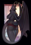  anthro biped clothing curtains dragon female horn knight_dd light looking_at_viewer looking_back panties reptile scales scalie solo sunlight surprise surprised_expression underwear window wings 