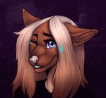  anthro blue_eyes bodily_fluids brown_body brown_fur brown_hair catherinemeow clothed clothing detailed_background domestic_cat felid feline felis female fur hair mammal multicolored_hair one_eye_closed open_mouth open_smile smile solo tears teeth two_tone_hair white_hair 