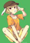  animal_ears barefoot blonde_hair brown_headwear bunny_ears cabbie_hat crossed_legs dango eating eyebrows_visible_through_hair flat_cap floppy_ears food frilled_shirt frills green_background hat highres holding holding_food kurasaki_cosmos legacy_of_lunatic_kingdom midriff navel orange_shirt red_eyes ringo_(touhou) shirt short_hair shorts simple_background striped striped_shorts touhou wagashi yellow_shorts 