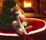  anthro black_hair breasts canid canine canis catherinemeow christmas christmas_lights christmas_tree domestic_dog female fluffy fluffy_tail fur grey_body grey_fur hair holidays mammal multicolored_body multicolored_fur simple_background smile solo tree two_tone_body two_tone_fur white_body white_fur 