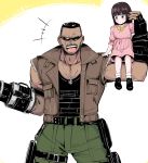  1boy 1girl arm_cannon barret_wallace belt black_hair brown_hair buzz_cut child cowboy_shot dark_skin dark_skinned_male dog_tags dress ear_piercing earrings father_and_daughter final_fantasy final_fantasy_vii final_fantasy_vii_remake grin highres jewelry marlene_wallace muscle open_mouth piercing pink_dress pocket ribbon shimure_(460) shoes sitting_on_arm smile socks sunglasses vest weapon 