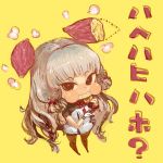  1girl alternate_headgear chibi eating floating_headgear food food_on_face fujinozu kantai_collection long_hair murakumo_(kantai_collection) puffy_cheeks remodel_(kantai_collection) short_eyebrows silver_hair solo sweet_potato thick_eyebrows very_long_hair wavy_mouth 