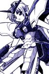  1girl :o blue_eyes blue_hair close-up dragon_(artist) g-saviour_gundam gundam gundam_g-saviour ink_(medium) mecha_musume monochrome open_mouth personification solo traditional_media v-fin white_background 