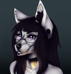  anthro black_hair canid catherinemeow eyewear female fur glasses grey_body grey_fur hair hi_res mammal open_mouth open_smile purple_eyes simple_background smile solo teeth 