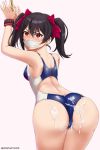  1girl ass bdsm black_hair blue_swimsuit bondage bound bound_wrists breasts cameltoe crying cum cum_on_ass cum_on_body cum_on_lower_body from_behind gag highres improvised_gag long_hair looking_at_viewer looking_back love_live! love_live!_school_idol_project one-piece_swimsuit paolo_espana red_eyes restrained school_swimsuit shiny shiny_hair shiny_skin simple_background solo standing swimsuit tape tape_gag twintails white_background yazawa_nico 