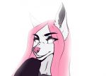  anthro canid canine canis catherinemeow clothed clothing fangs female fur hair mammal open_mouth open_smile pink_hair simple_background smile solo teeth white_background white_body white_eyes white_fur wolf 