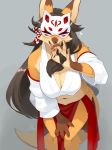  &lt;3 2020 absurd_res anthro asian_clothing big_breasts breasts brown_body brown_fur brown_hair canid canine claws cleavage clothed clothing dipstick_ears east_asian_clothing female fox fur gloves_(marking) grey_background hair hi_res japanese_clothing kame_3 leaning leaning_forward looking_at_viewer mammal markings mask multicolored_body multicolored_ears orange_body orange_fur pawpads simple_background solo tan_body tan_fur 