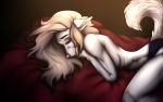  absurd_res anthro blonde_hair breasts canid canine canis catherinemeow clothed clothing female fluffy fluffy_tail fur hair hi_res lying mammal open_mouth open_smile partially_clothed smile solo teeth white_body white_fur wolf 