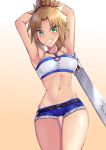  1girl absurdres armpits bangs blonde_hair blue_shorts blush breasts clarent cutoff_jeans cutoffs eyes_visible_through_hair fate/grand_order fate_(series) green_eyes grin highres holding holding_sword holding_weapon jo_(pixiv29989419) lowleg lowleg_shorts messy_hair micro_shorts midriff mordred_(fate) mordred_(fate)_(all) navel parted_bangs shirt short_hair short_ponytail shorts sleeveless sleeveless_shirt small_breasts smile solo sword thigh_gap weapon white_shirt 