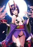  1girl :d absurdres bare_shoulders branch breasts cherry_blossoms collarbone commentary_request cowboy_shot cup eyebrows_visible_through_hair eyeliner eyes_visible_through_hair fangs fate/grand_order fate_(series) full_moon glint highres holding horns japanese_clothes kimono makeup moon navel night night_sky obi off_shoulder oni oni_horns open_mouth petals power_(lu_power) purple_eyes purple_hair purple_kimono revealing_clothes sakazuki sash short_eyebrows short_hair shuten_douji_(fate/grand_order) sky small_breasts smile solo sparkle star_(sky) starry_sky thighs twitter_username wide_sleeves 