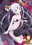  1girl :o abigail_williams_(fate/grand_order) abigail_williams_(swimsuit_foreigner)_(fate) bangs bare_arms bare_shoulders bikini black_bikini black_bow bow collarbone commentary_request double_bun eyebrows_visible_through_hair fate/grand_order fate_(series) hair_bow highres kobi_(piliheros2000) long_hair looking_at_viewer navel orange_bow pale_skin parted_bangs parted_lips polka_dot polka_dot_bow purple_eyes seiza sidelocks silver_hair sitting solo strapless strapless_bikini suction_cups swimsuit tentacles v-shaped_eyebrows very_long_hair 