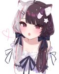  1girl :o ahoge animal_ear_fluff animal_ears bangs bare_shoulders black_bow black_hair black_ribbon blush bow brown_eyes cat_ears cat_hair_ornament collarbone cropped_torso eyebrows_visible_through_hair fang grey_hair hair_bow hair_ornament hair_over_shoulder hairclip heart keichan_(user_afpk7473) kemonomimi_mode long_hair looking_at_viewer multicolored_hair nijisanji off-shoulder_shirt off_shoulder open_mouth red_hair ribbon shirt simple_background solo star_(symbol) star_hair_ornament streaked_hair twintails two-tone_hair upper_body virtual_youtuber white_background white_shirt yorumi_rena 