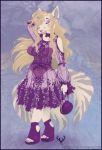  2018 anthro biped blonde_hair border breasts canid canine clothed clothing deervvitch ear_piercing ear_ring female hair mammal one_eye_closed open_mouth piercing purple_border purple_purse purse smile solo standing text tongue url 