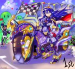  1girl bicycle blue_eyes blue_hair blush bodysuit breasts cape capelet chrom_(fire_emblem) cloak closed_mouth commentary_request fire_emblem fire_emblem_awakening gloves ground_vehicle highres long_hair looking_at_viewer lucina_(fire_emblem) luigi mario_kart multiple_boys oomasa_teikoku open_mouth skin_tight smile tiara 
