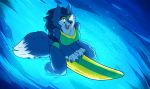  2020 anthro blue_body blue_fur breasts canid clothing female fur glowing glowing_eyes gwen_(sharkrags) hi_res high-angle_view looking_at_viewer mammal sharkrags smile solo surfboard swimwear tongue tongue_out vehicle watercraft 