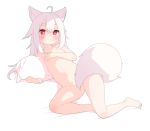 1girl :o ahoge animal_ear_fluff animal_ears bangs barefoot bed_sheet blush collarbone commentary covering covering_chest done_(donezumi) eyebrows_visible_through_hair flat_chest fox_ears fox_girl fox_tail full_body hair_between_eyes highres long_hair looking_at_viewer nude original parted_lips pillow red_eyes solo symbol_commentary tail tail_censor thick_eyebrows very_long_hair white_background white_hair 