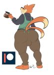  2018 anthro barefoot big_bulge big_butt buizel bulge butt clothed clothing digital_media_(artwork) eyewear fur glasses holding_object looking_back male mammal multi_tail nintendo orange_body patreon pok&eacute;mon pok&eacute;mon_(species) rodrick_(colelucario) rxq simple_background smile solo video_games watermark white_background 