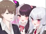  1boy 2girls :d ;d bangs black_hair black_jacket black_ribbon blush bow breasts brown_eyes brown_hair cleavage collared_shirt dress_shirt earrings eyebrows_visible_through_hair formal hair_between_eyes hair_bobbles hair_ornament hair_ribbon hairclip hakase_fuyuki jacket jewelry kagami_hayato keichan_(user_afpk7473) long_hair multicolored_hair multiple_girls neck_ribbon nijisanji one_eye_closed open_mouth red_bow red_eyes red_hair red_ribbon ribbon shirt silver_hair simple_background smile streaked_hair suit twintails two-tone_hair upper_body virtual_youtuber white_background white_shirt yorumi_rena 