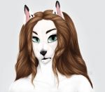  anthro blue_eyes brown_hair catherinemeow domestic_cat felid feline felis female fur hair mammal simple_background solo white_background white_body white_fur 