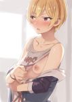  1girl areolae aumann blonde_hair blush breasts collarbone ear_piercing idolmaster idolmaster_shiny_colors looking_away nipples off_shoulder one_breast_out open_mouth piercing red_eyes saijou_juri short_hair small_breasts solo sweat 