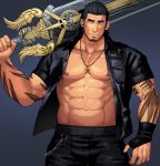  1boy abs bara bare_chest beard belt black_hair chain chest cowboy_shot facial_hair final_fantasy final_fantasy_xv gladiolus_amicitia gloves jacket leather male_focus manly muscle navel nipples open_clothes open_jacket over_shoulder sakuramarusan scar short_hair smile solo sword sword_over_shoulder tattoo weapon weapon_over_shoulder 