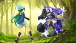  3girls animal_ear_fluff animal_ears battle black_hair breasts bucket_hat commentary commentary_request dire_wolf_(kemono_friends) forest fur_collar gradient gradient_legwear green_hair grey_hair grey_wolf_(kemono_friends) hat highres kemono_friends large_breasts multicolored_hair multiple_girls naka_(nicovideo14185763) nature outdoors plaid_neckwear ponytail purple_hair skirt tail tomoe_(kemono_friends)_(niconico88059799) two-tone_hair white_background wolf_ears wolf_girl wolf_tail 