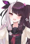  1girl :d black_hair black_ribbon black_sailor_collar black_shirt blush brown_eyes cardigan grey_cardigan grey_hair hair_bobbles hair_ornament hair_ribbon heart keichan_(user_afpk7473) long_hair looking_at_viewer multicolored_hair neckerchief nijisanji open_cardigan open_clothes open_mouth outstretched_arms red_hair red_neckwear ribbon sailor_collar school_uniform serafuku shirt simple_background smile solo streaked_hair twintails two-tone_hair upper_body upper_teeth virtual_youtuber white_background yorumi_rena 