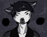  anthro black_body black_fur blue_eyes canid canine canis catherinemeow fur grey_body grey_fur humor male mammal multicolored_body multicolored_fur simple_background solo two_tone_body two_tone_fur wolf 