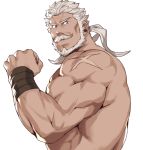  1boy bandages bara beard blue_eyes facial_hair flexing from_side granblue_fantasy long_hair male_focus manly muscle mustache ponytail pose sakuramarusan scar shirtless solo soriz upper_body white_background white_hair 